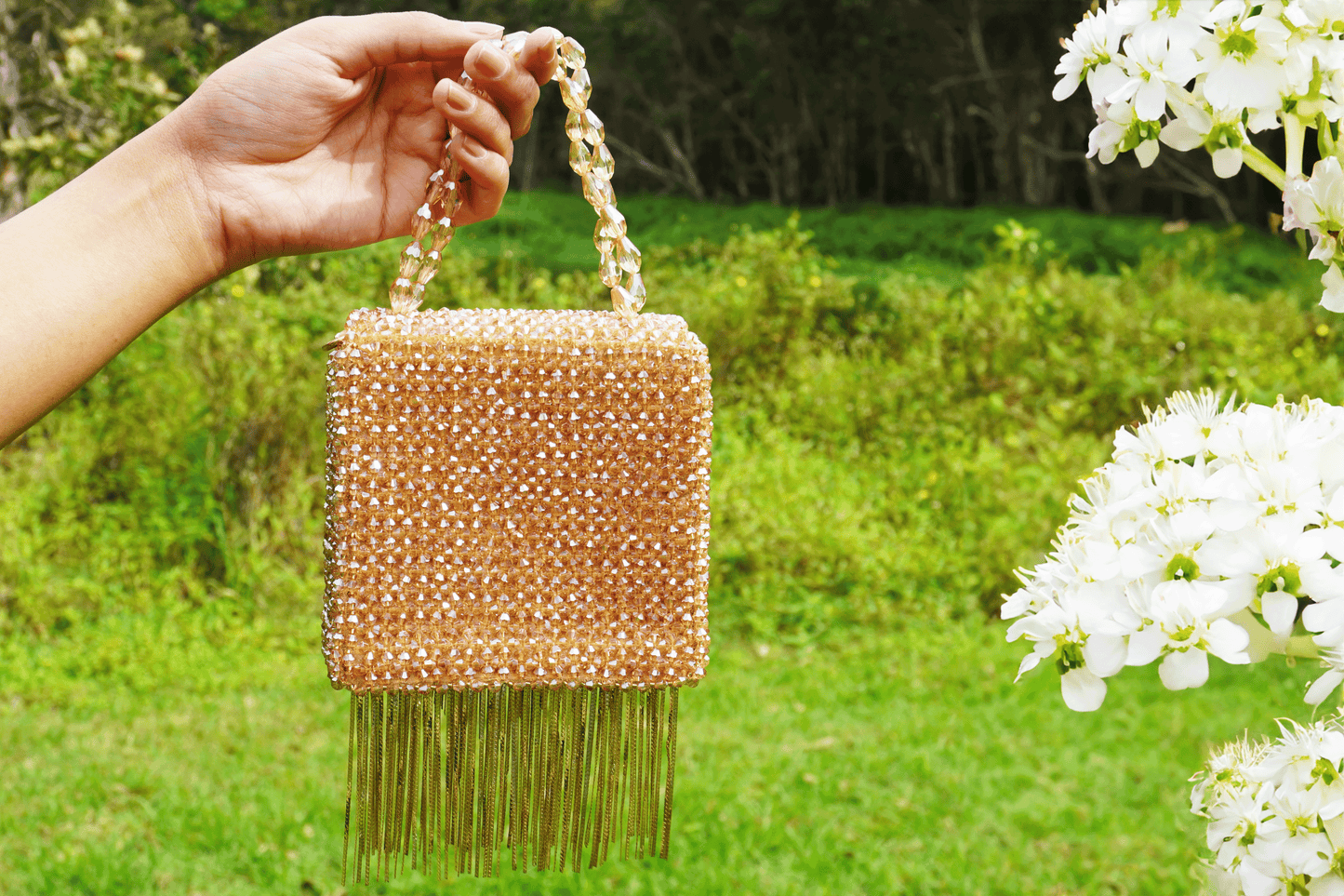 Crystal Beaded Bag - Square Beige