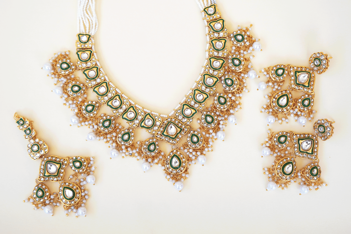 White Pearl Mirror Elegant Necklace Set -Green