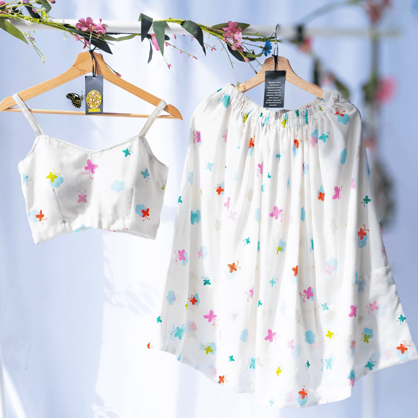 Butterfly Crop Top and Skirt Set - White