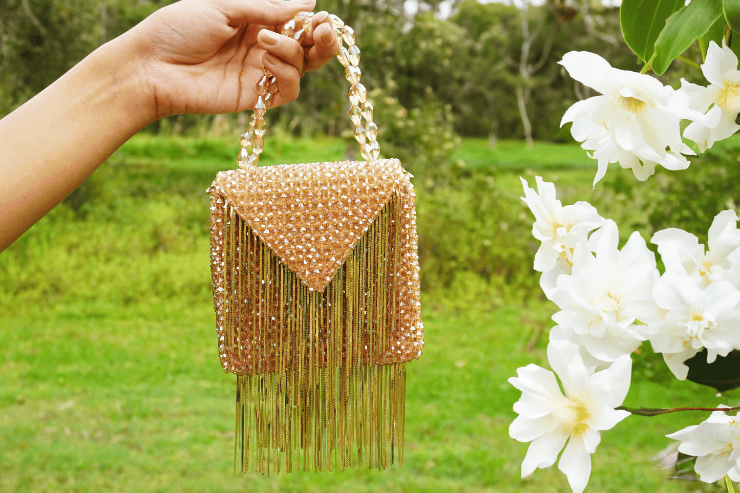 Crystal Beaded Bag - Square Beige