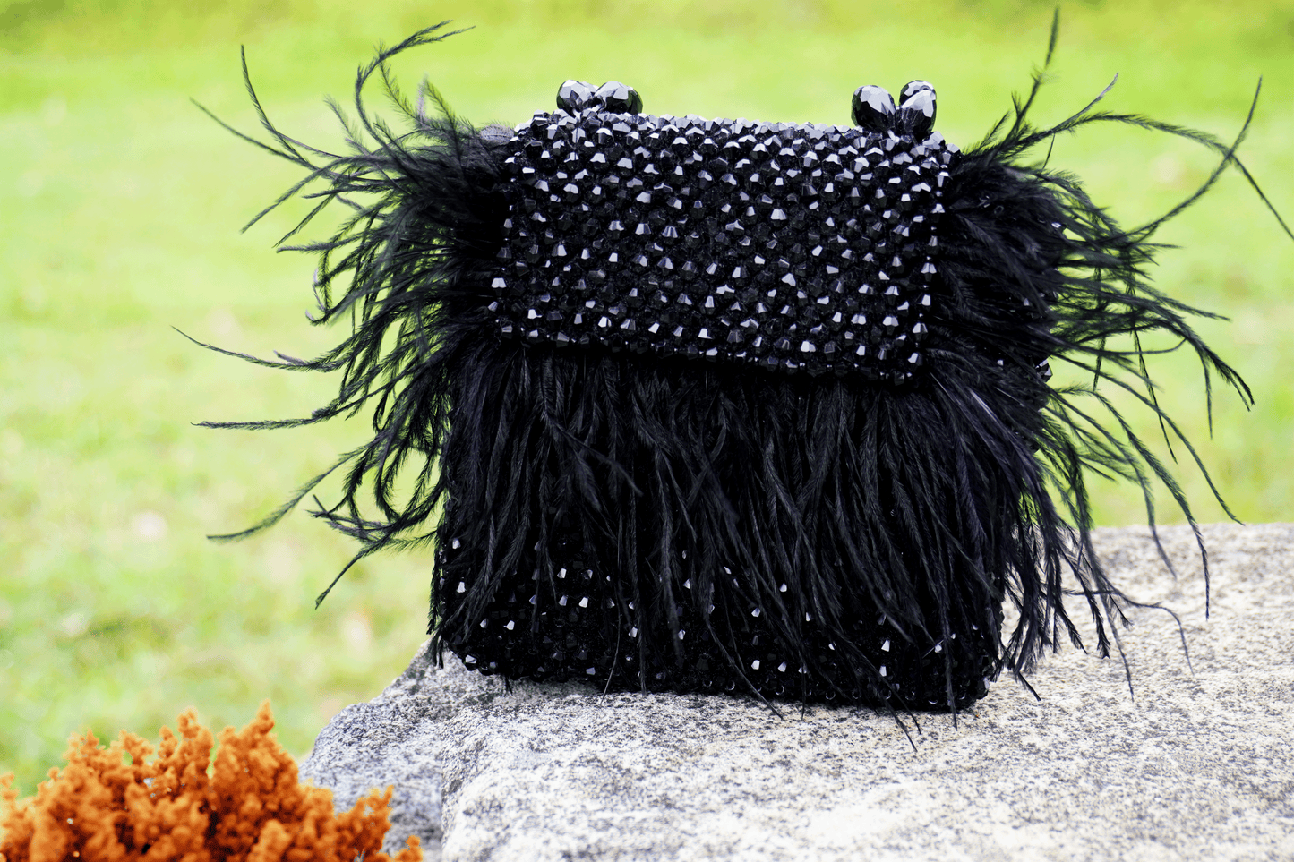 Crystal Beaded Fur Bag - Black