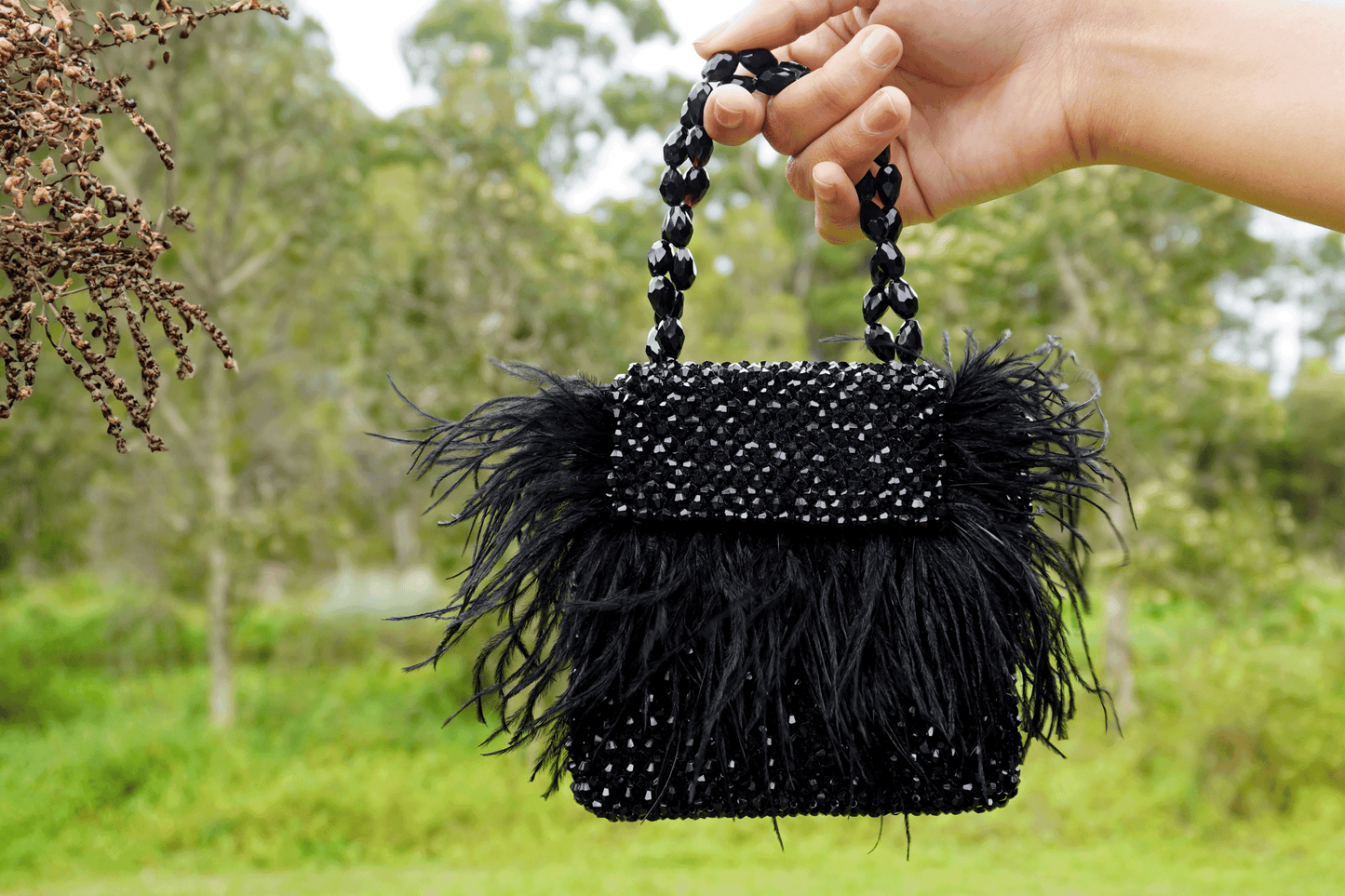 Crystal Beaded Fur Bag - Black