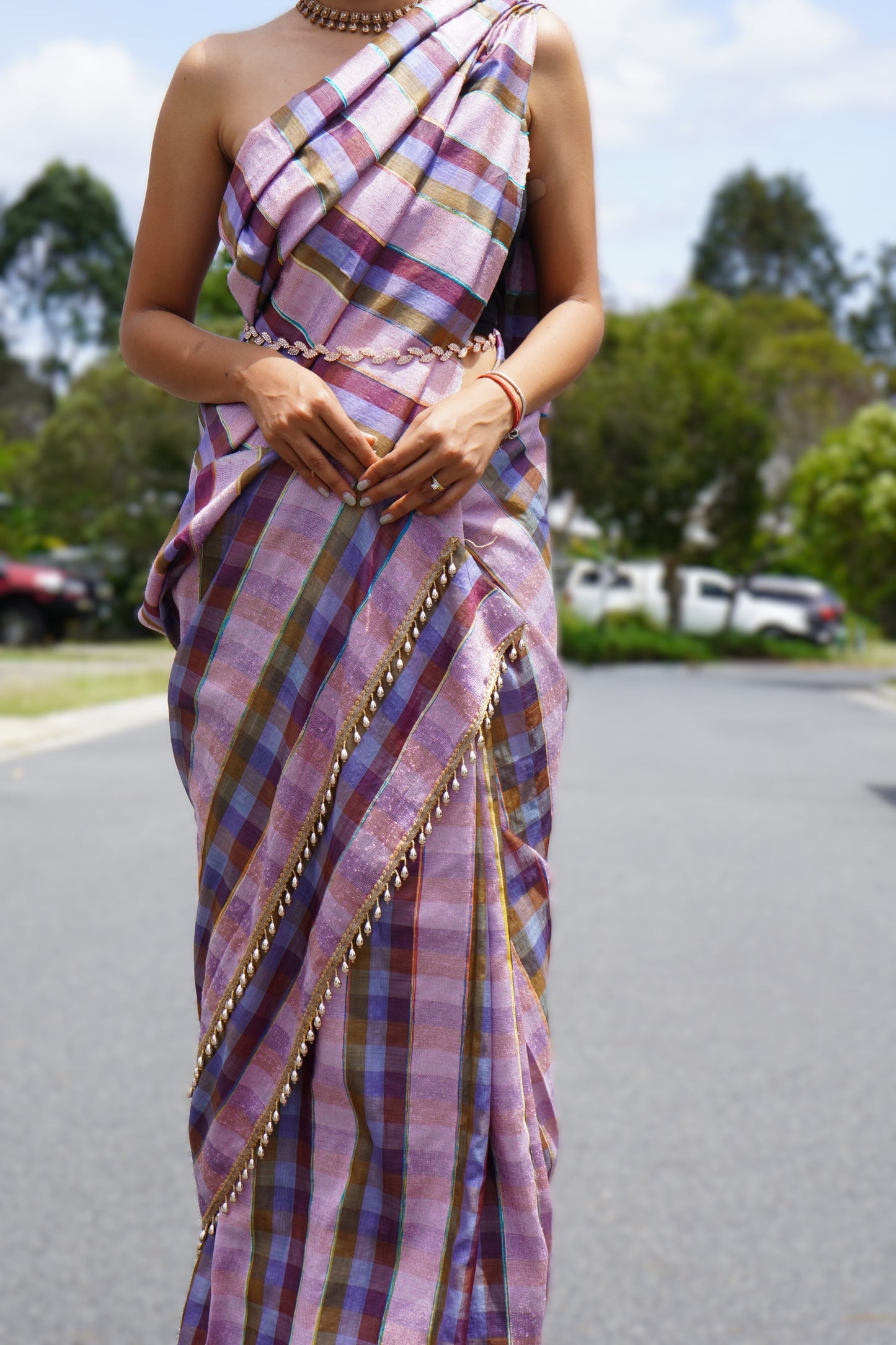 The pink check silk saree