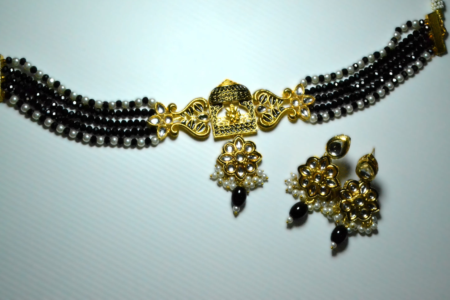 Ganesh Golden Black Choker Necklace Set