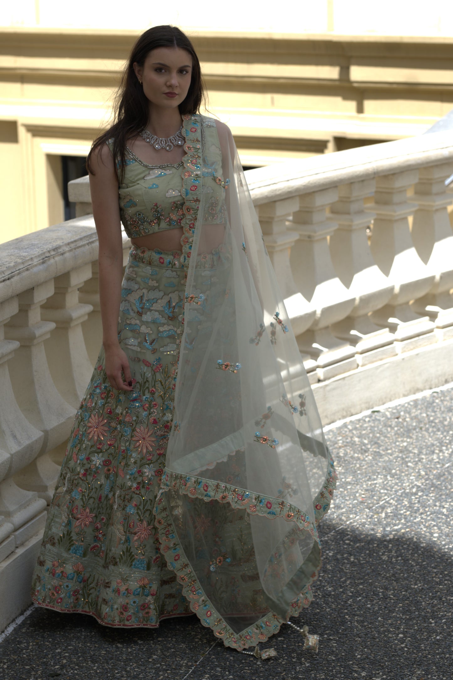 Swan Garden Lehenga Skirt Set - Pastel Green