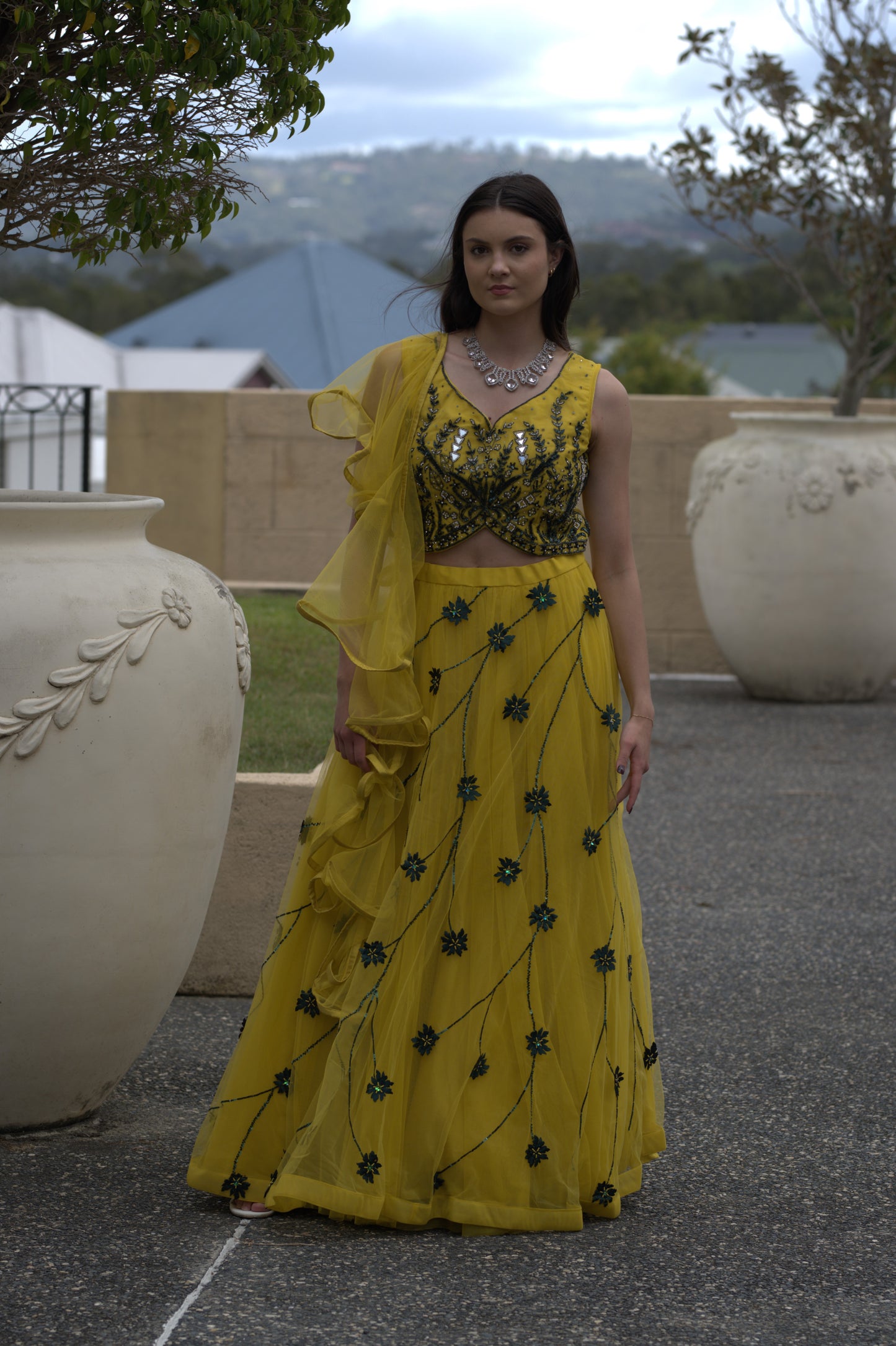 Mustard Yellow and blue flowers Lehnga Set