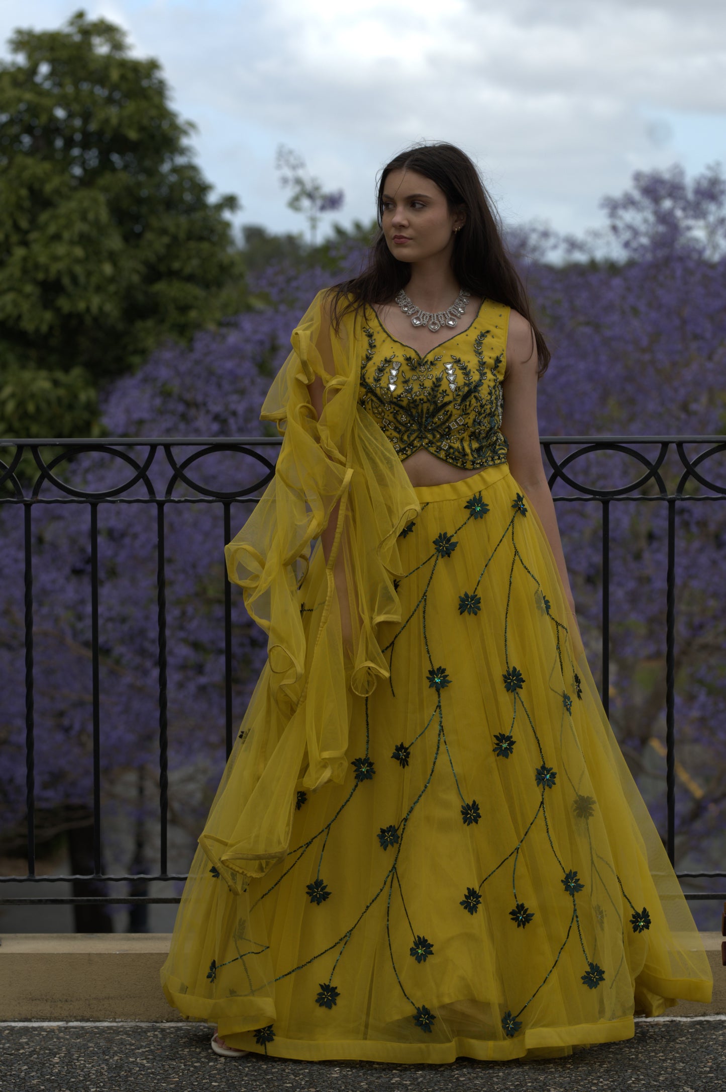 Mustard Yellow and blue flowers Lehnga Set