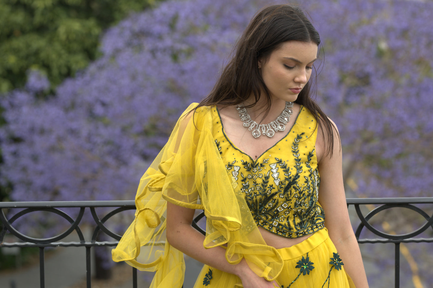 Mustard Yellow and blue flowers Lehnga Set