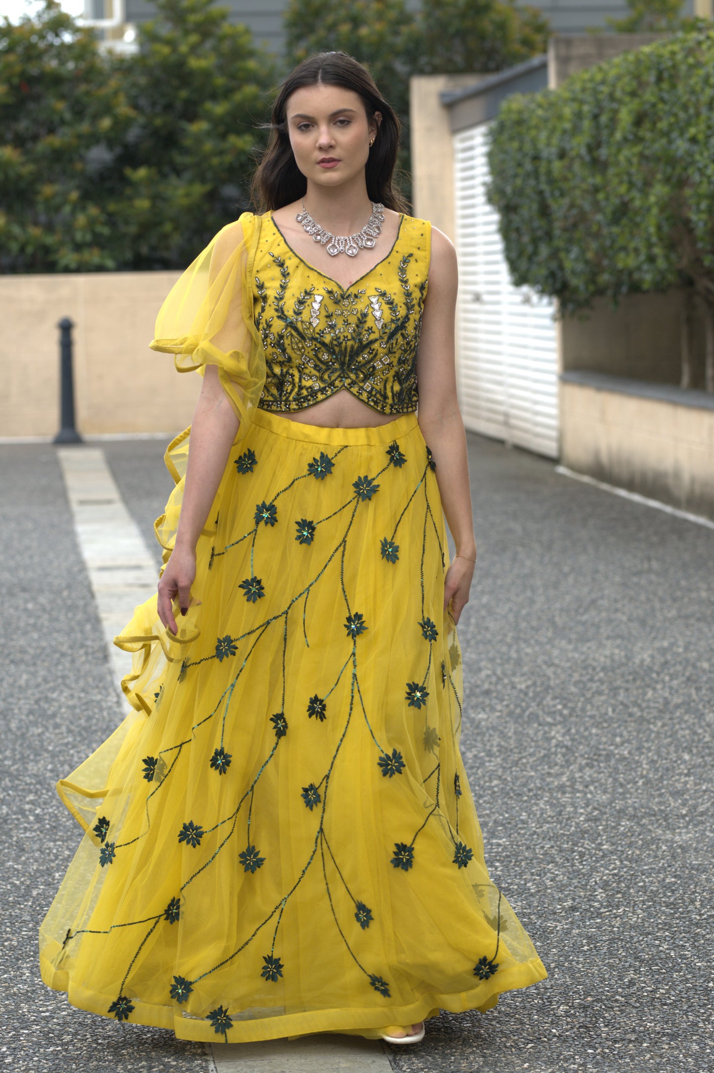 Mustard Yellow and blue flowers Lehnga Set