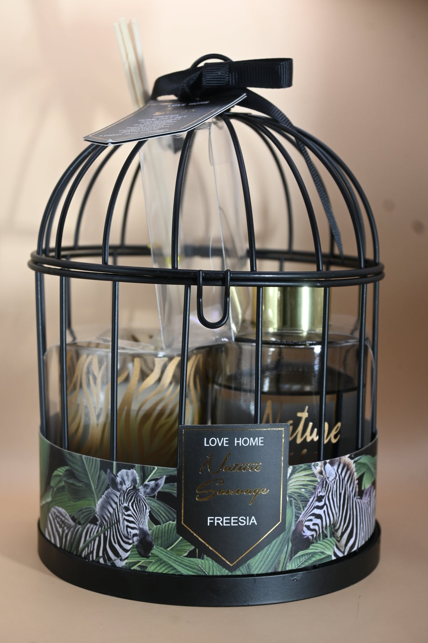 Elegant Candle and Diffuser Set in Decorative Cage- Black