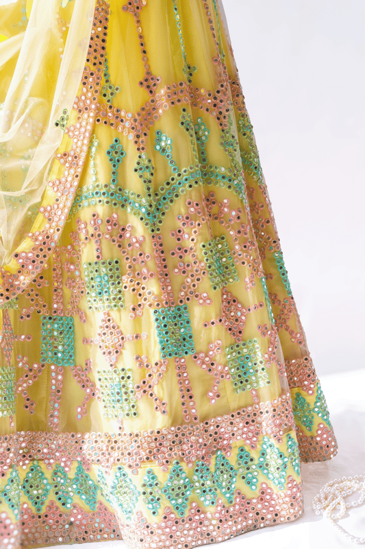 Mirror Work Lehenga Set - Yellow