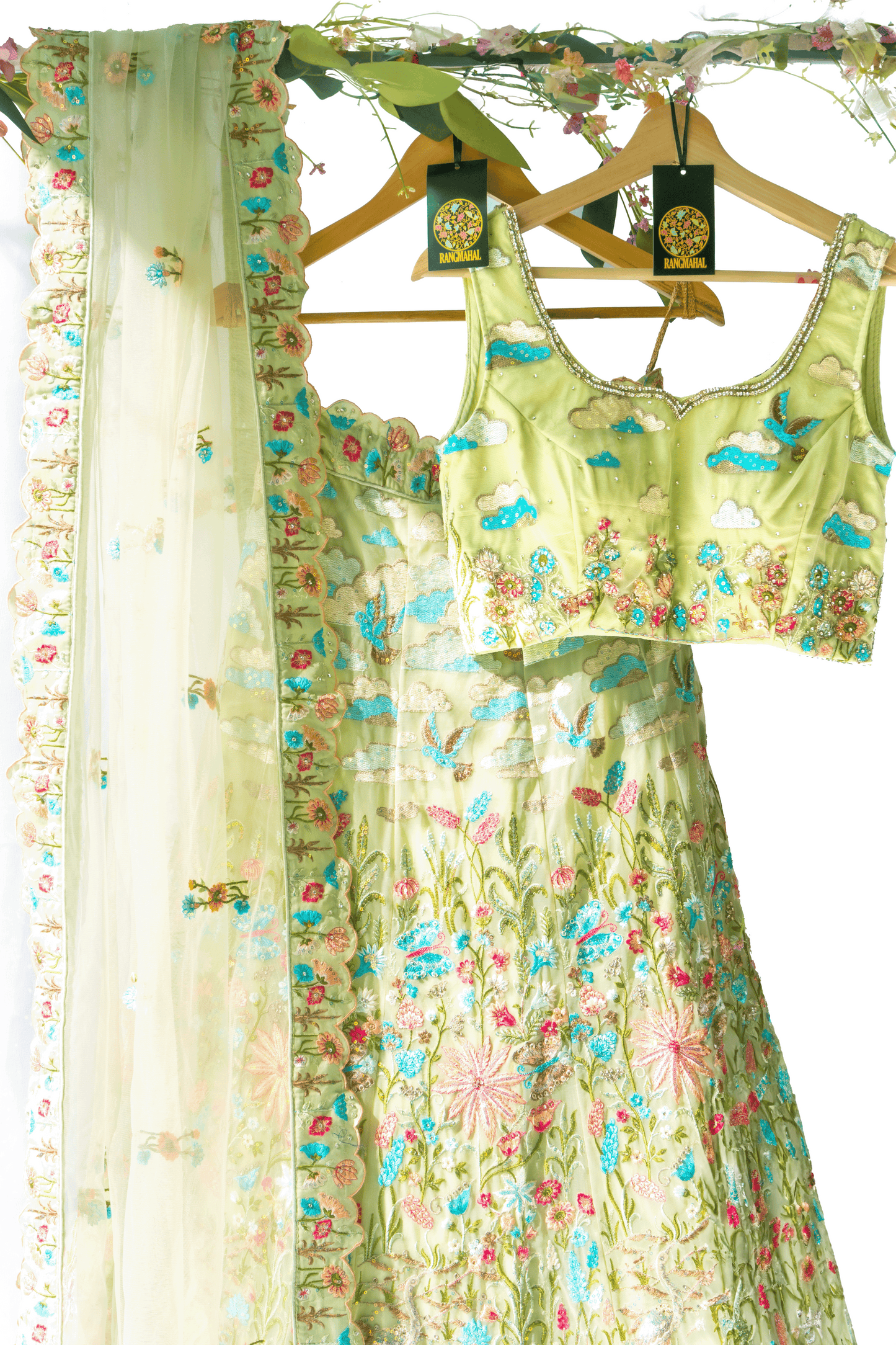 Swan Garden Lehenga Skirt Set - Pastel Green