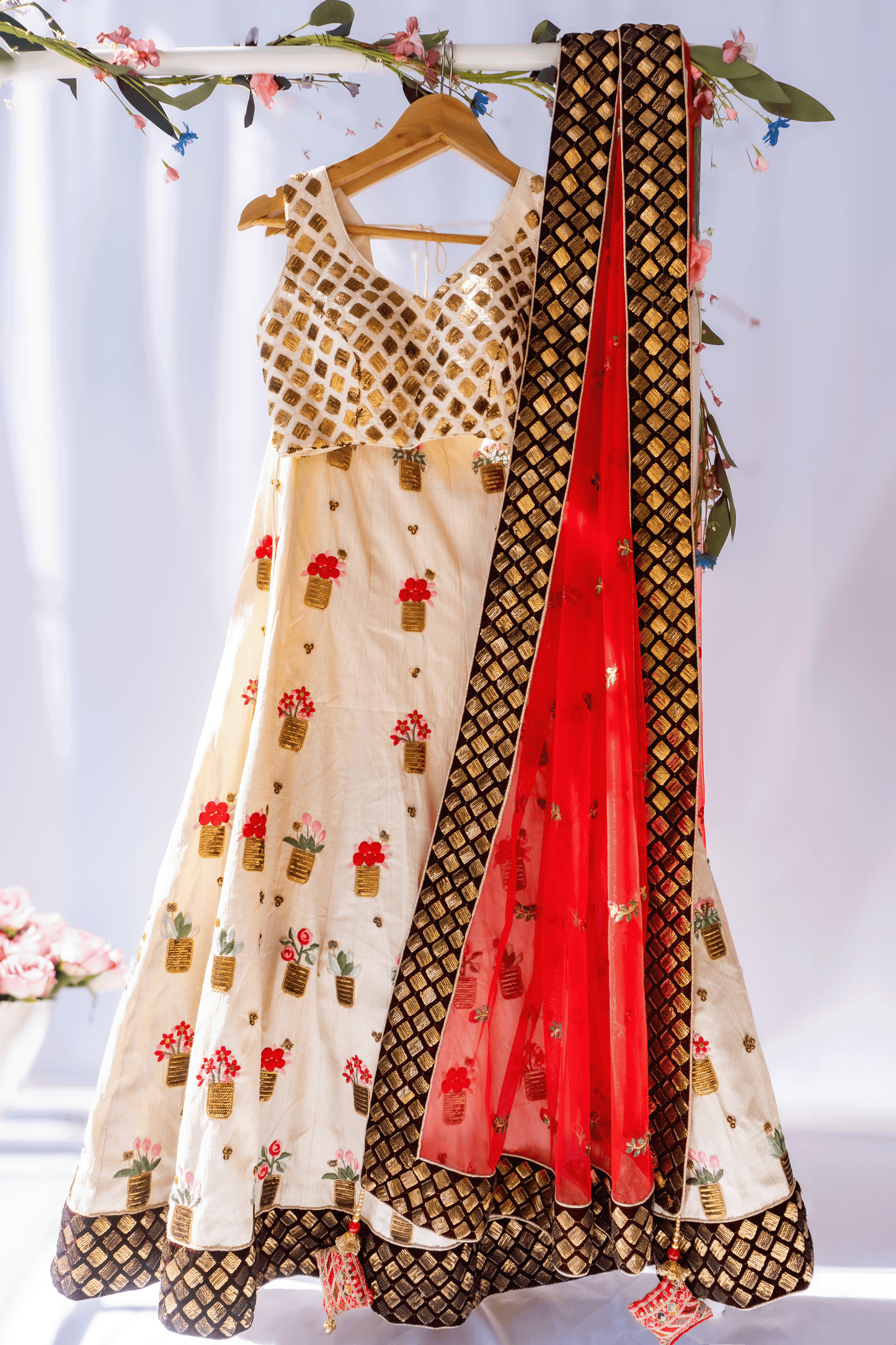 Red Roses Lehenga Set - White