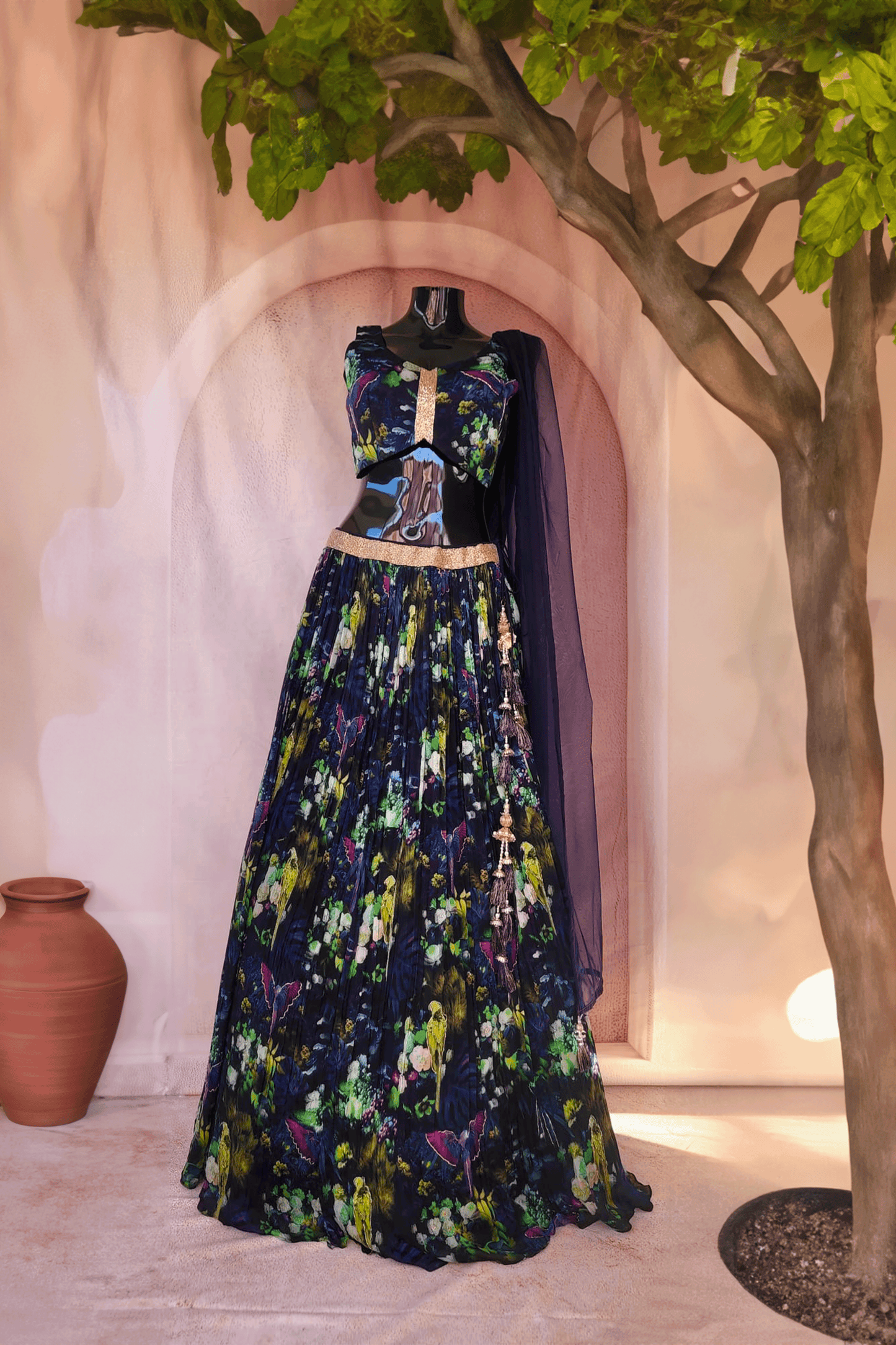 Parrot Garden Lehenga Set - Dark Blue