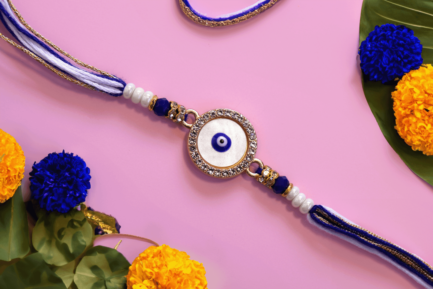 Evil Eye Round Embellished Rakhi - Blue