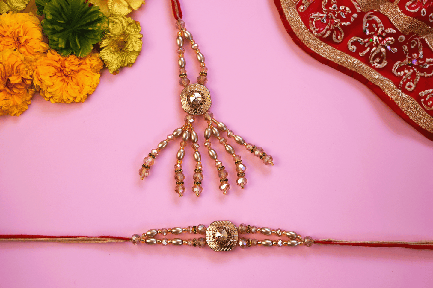 Bhai Bhabhi Golden Hanging Rakhi Set