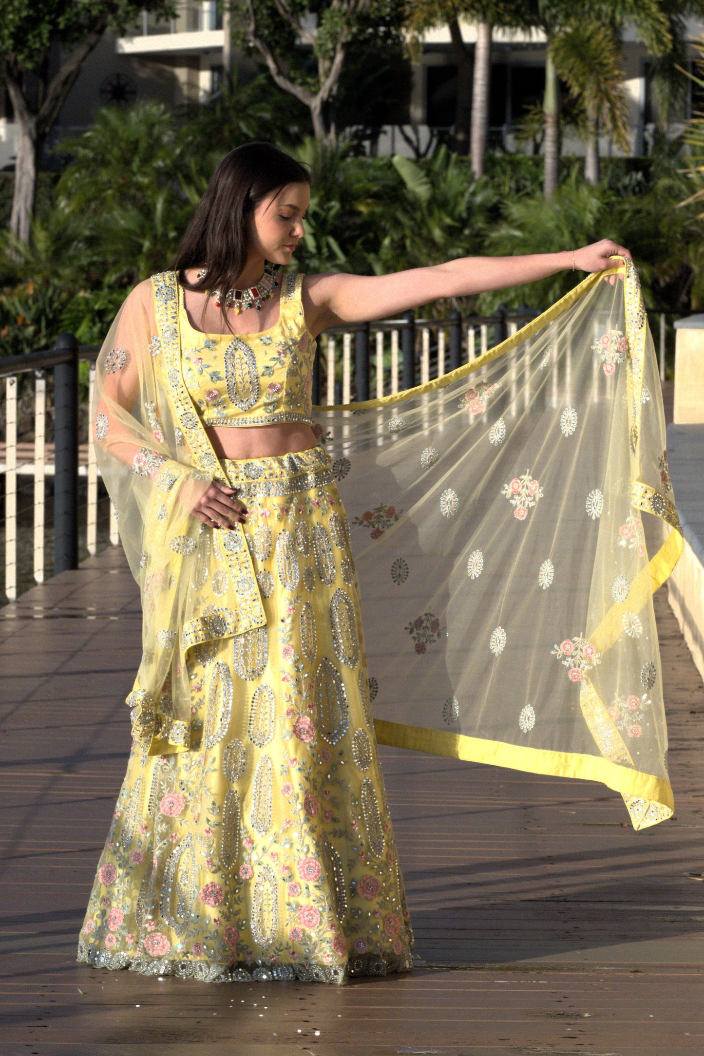 Dreamy Multicolor Floral Mirror Lehenga Set - Lemon Yellow