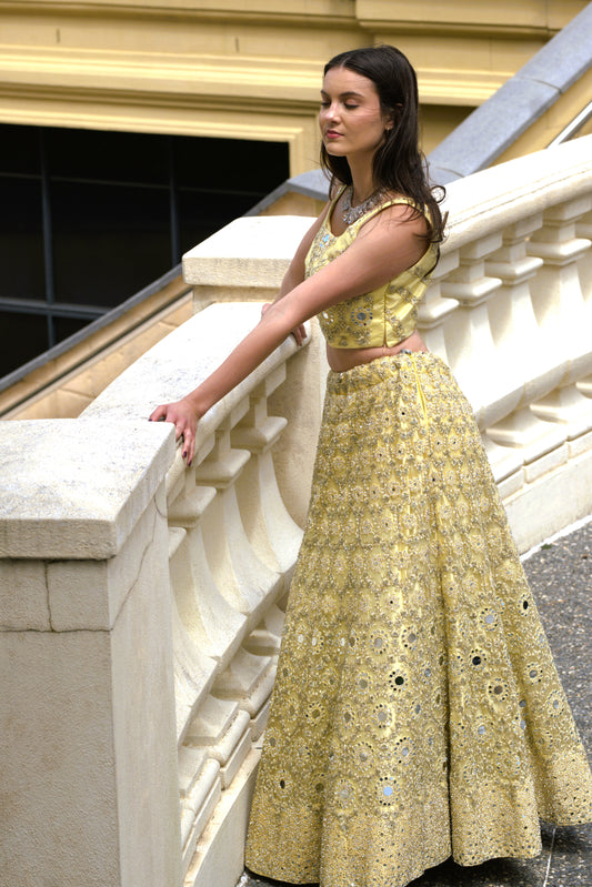 Mirror Work Yellow Lehenga Set