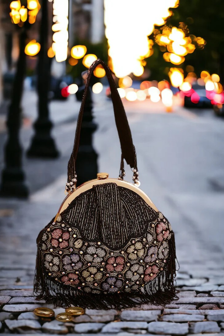 Black Floral Vintage Beaded Bag