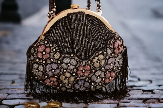 Black Floral Vintage Beaded Bag