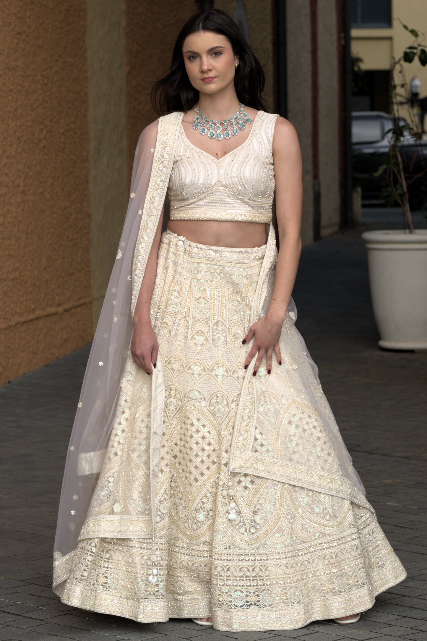 Embroidered Lehenga Set - Cream White